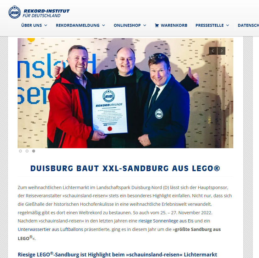 RID - Rekord Institut für Deutschland; Duisburg baut XXL-Sandburg aus LEGO®.