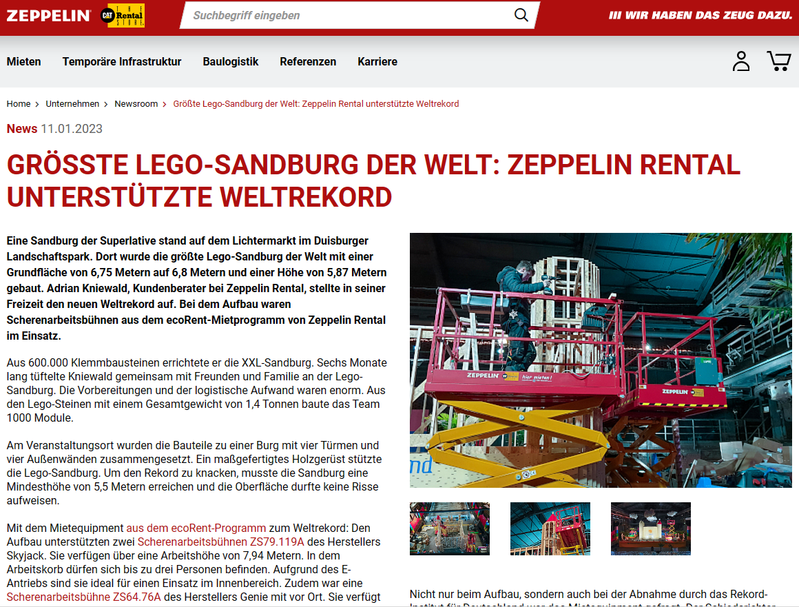 Zeppelin Rental unterstützte den Bau der größten Sandburg aus LEGO® Steinen in Duisburg.